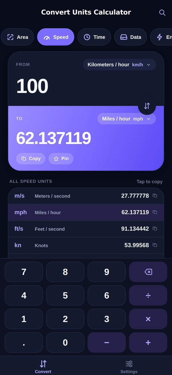 The converter in dark mode: 100 kilometers per hour converting to 62.137119 miles per hour on a dark navy background
