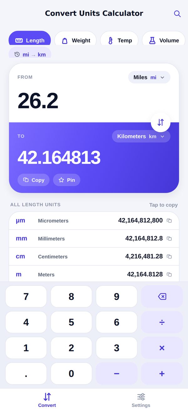 The converter with 26.2 miles entered: the result card shows 42.164813 kilometers, with other conversions to mm, cm, m, inches and feet listed below